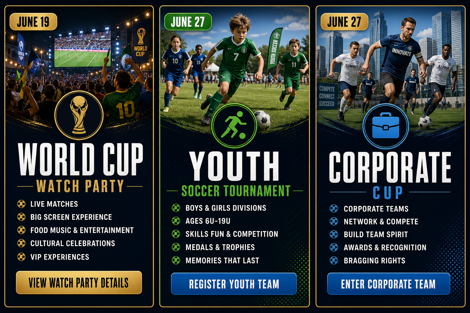Soccer Mania events — World Cup Watch Party, Youth Soccer Tournament, Corporate Cup